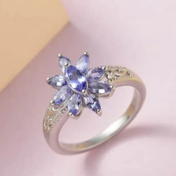 Natural Floral Design Tanzanite Ring Platinum over Sterling Silver Size 8! 🦋 - Picture 4 of 7